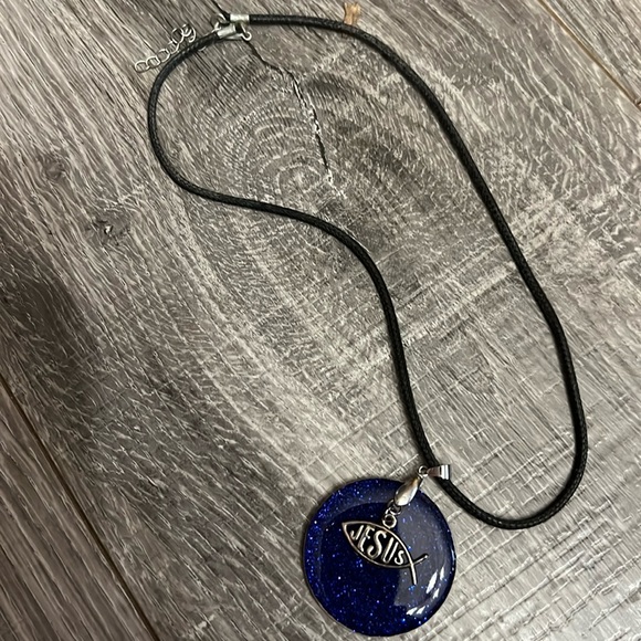 Jesus Pendant Black Necklace Cord Love 1 Cor 16:14 back Jesus Fish Front - Picture 4 of 11